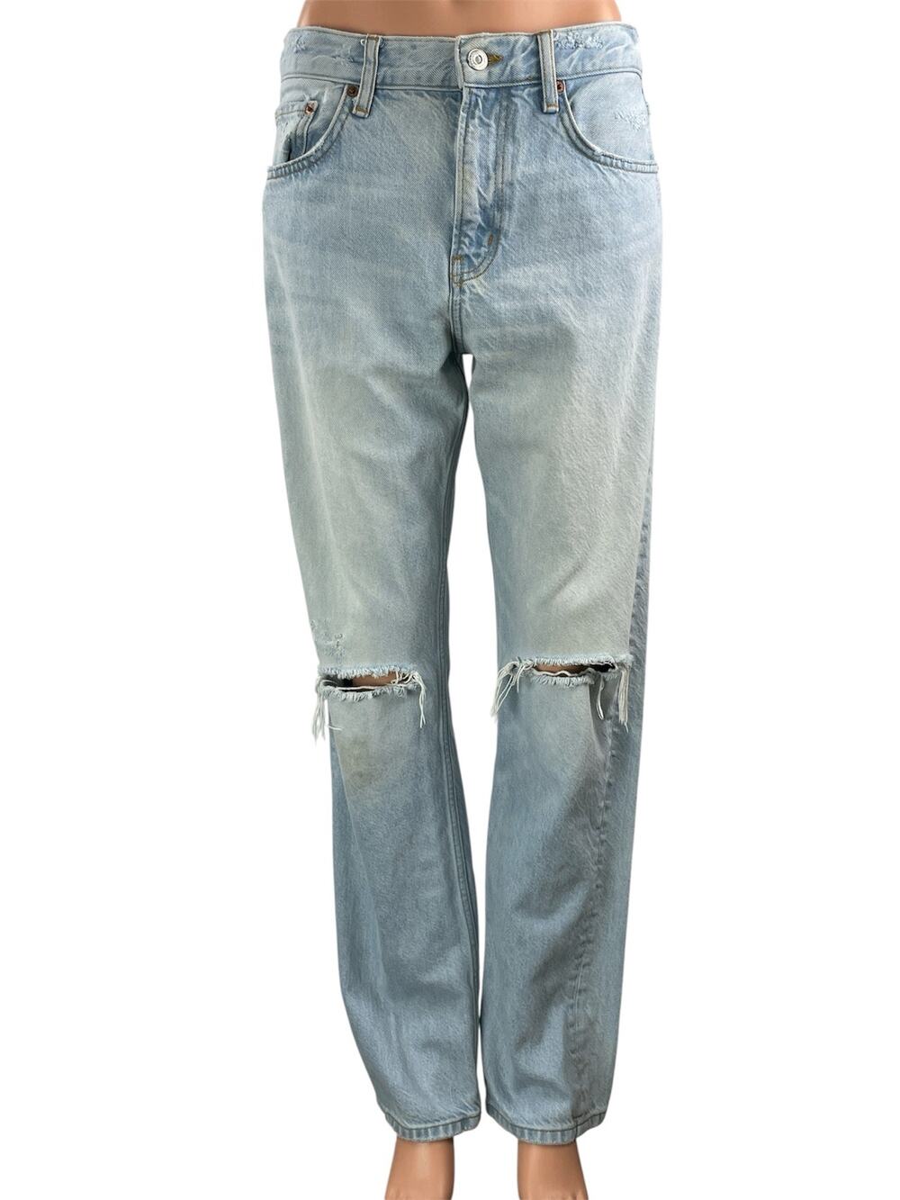 Zara Women's Blue Light Wash High Rise Distressed Straight Denim Jeans Size 6